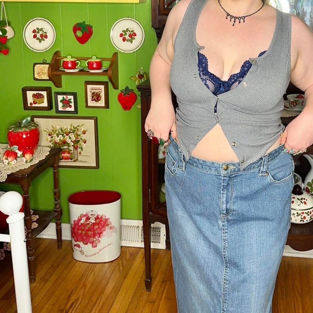 Vintage yk jordache gray ribbed knit camo tank top snap button blouse